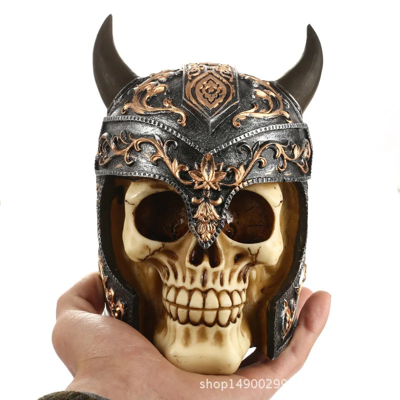 Viking-style Skull Helmet Figurine, Vintage Decorative Craft,Skull Personality Piggy Bank Halloween Decorative Artifact